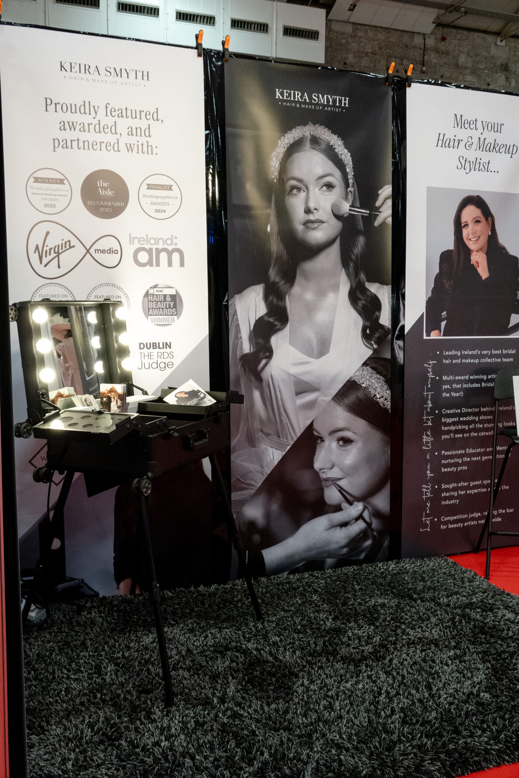 Keira Smyth bridal hair and makeup artist backstage at The Wedding Show Ireland, creating bridal makeup looks and hair inspiration.