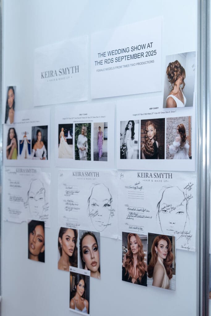 Backstage bridal hair and makeup inspiration board with different bridal makeup looks and hairstyles.